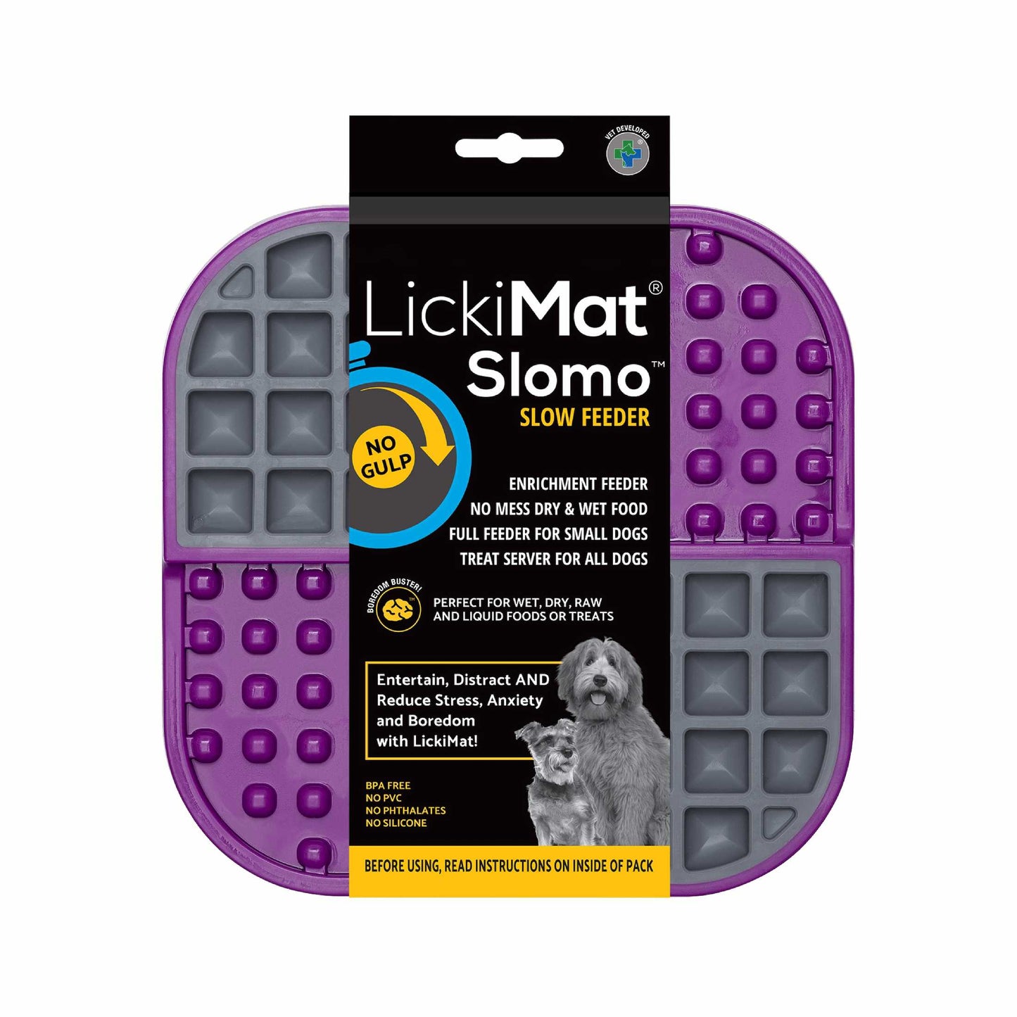 Purple LickiMat® Slomo™ – Dual-Texture Slow Feeder for Dogs (label) on a white background