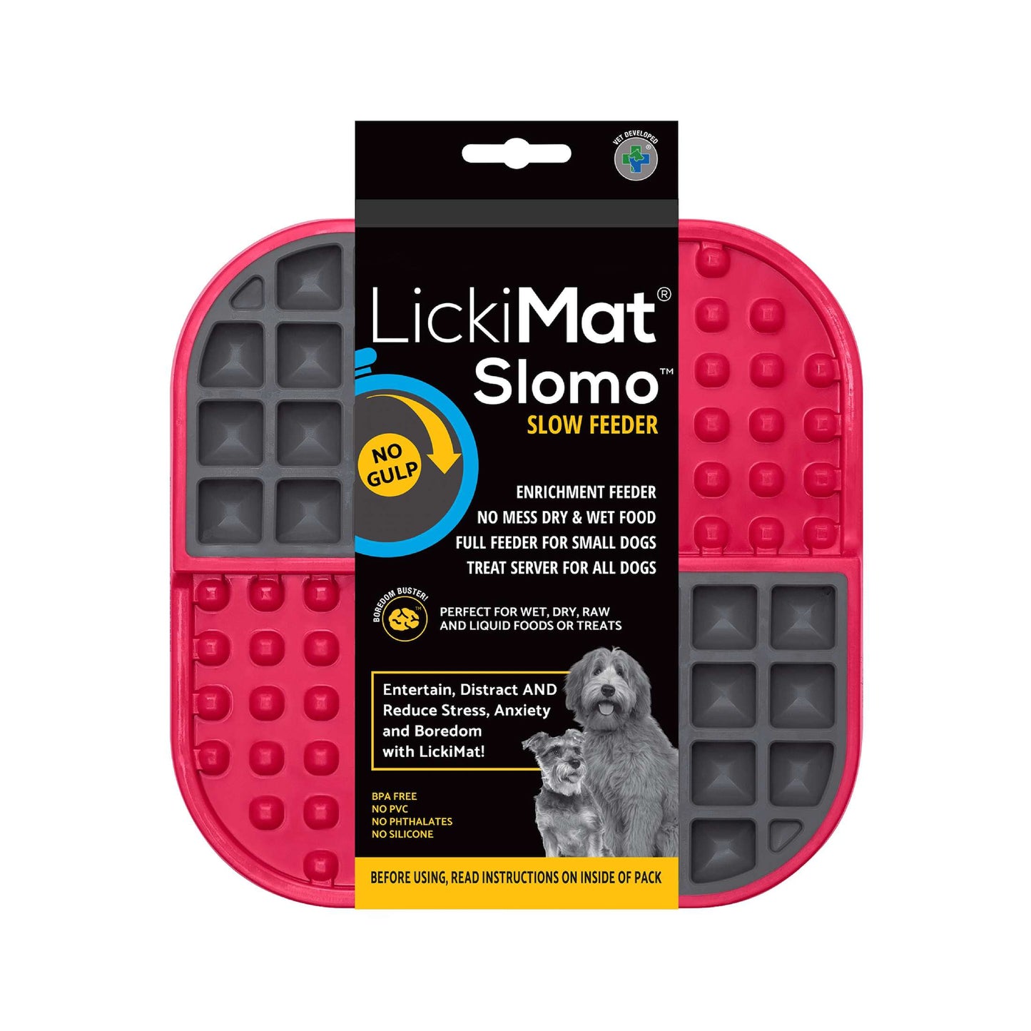 Red LickiMat® Slomo™ – Dual-Texture Slow Feeder for Dogs (label) on a white background