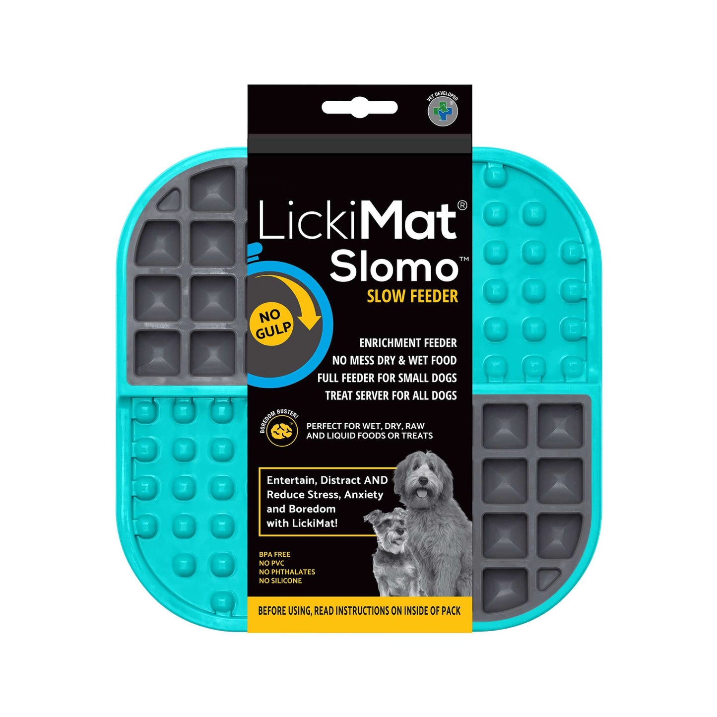 Turquoise LickiMat® Slomo™ – Dual-Texture Slow Feeder for Dogs (label) on a white background