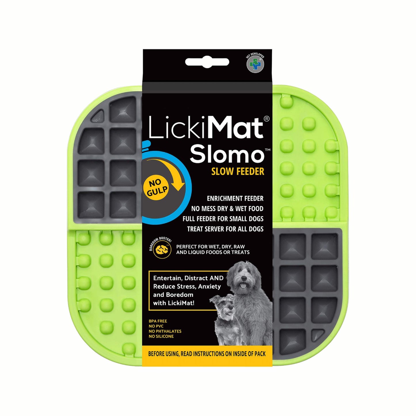 Green LickiMat® Slomo™ – Dual-Texture Slow Feeder for Dogs (label) on a white background