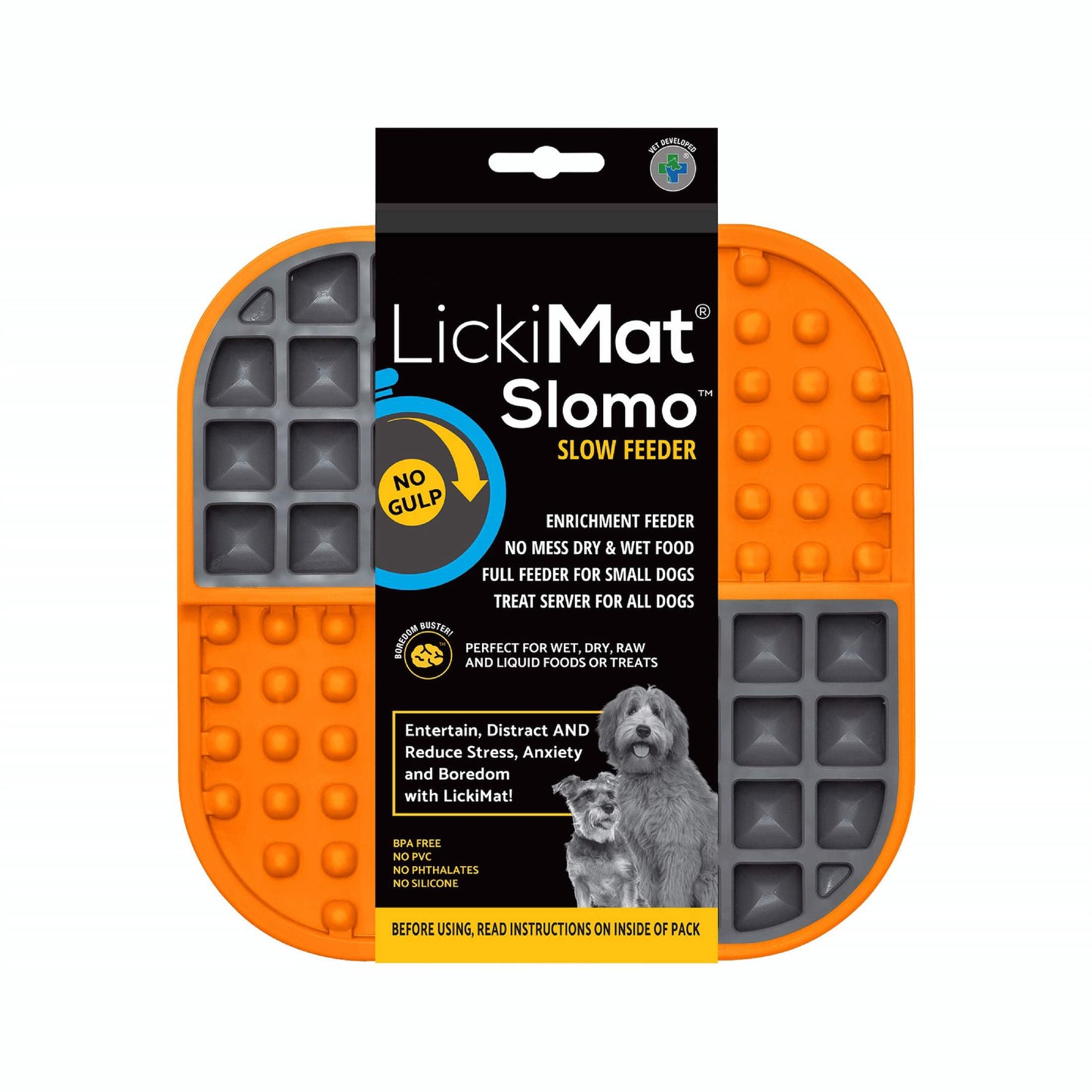 Orange LickiMat® Slomo™ – Dual-Texture Slow Feeder for Dogs (label) on a white background