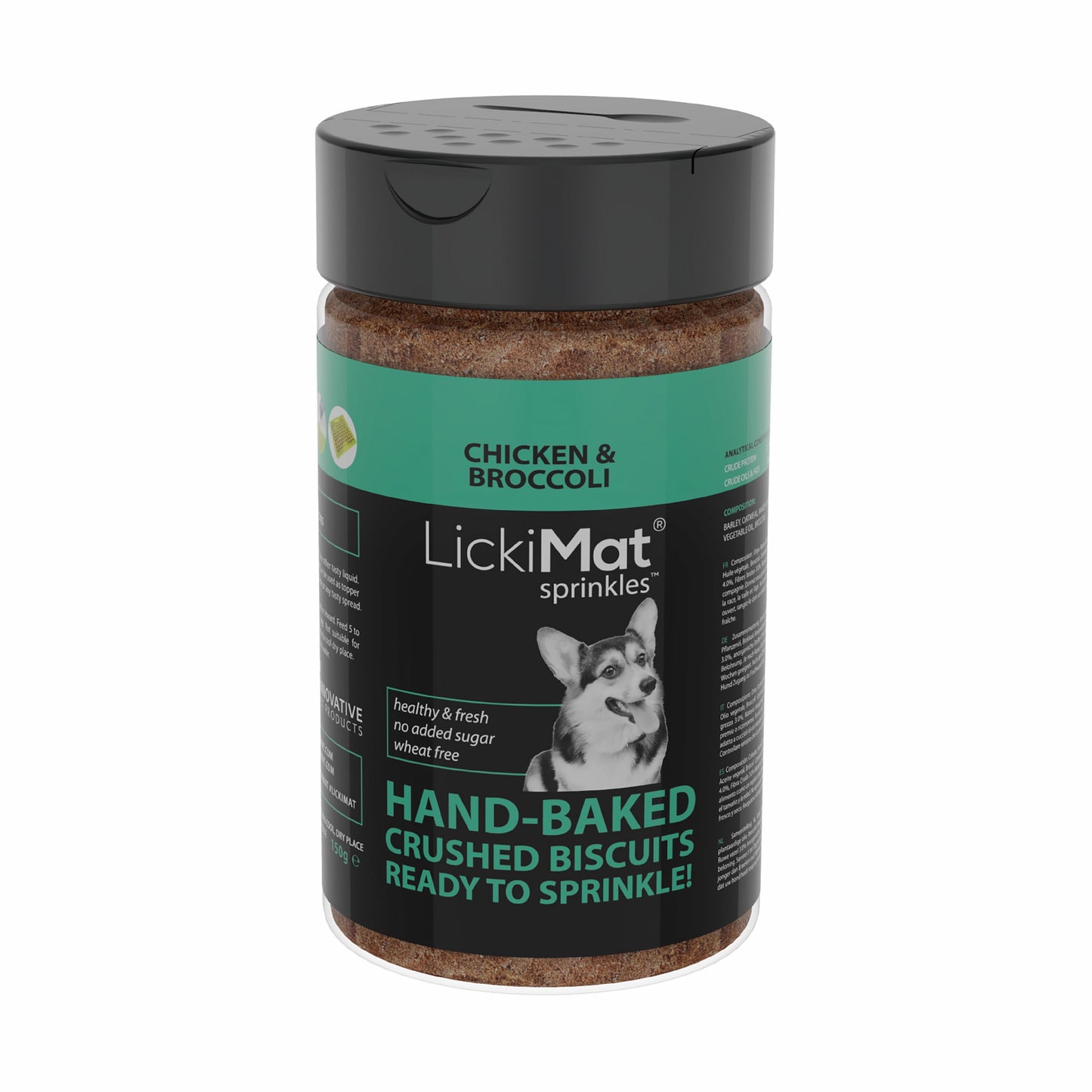 LickiMat chicken and broccoli sprinkles jar on a white background