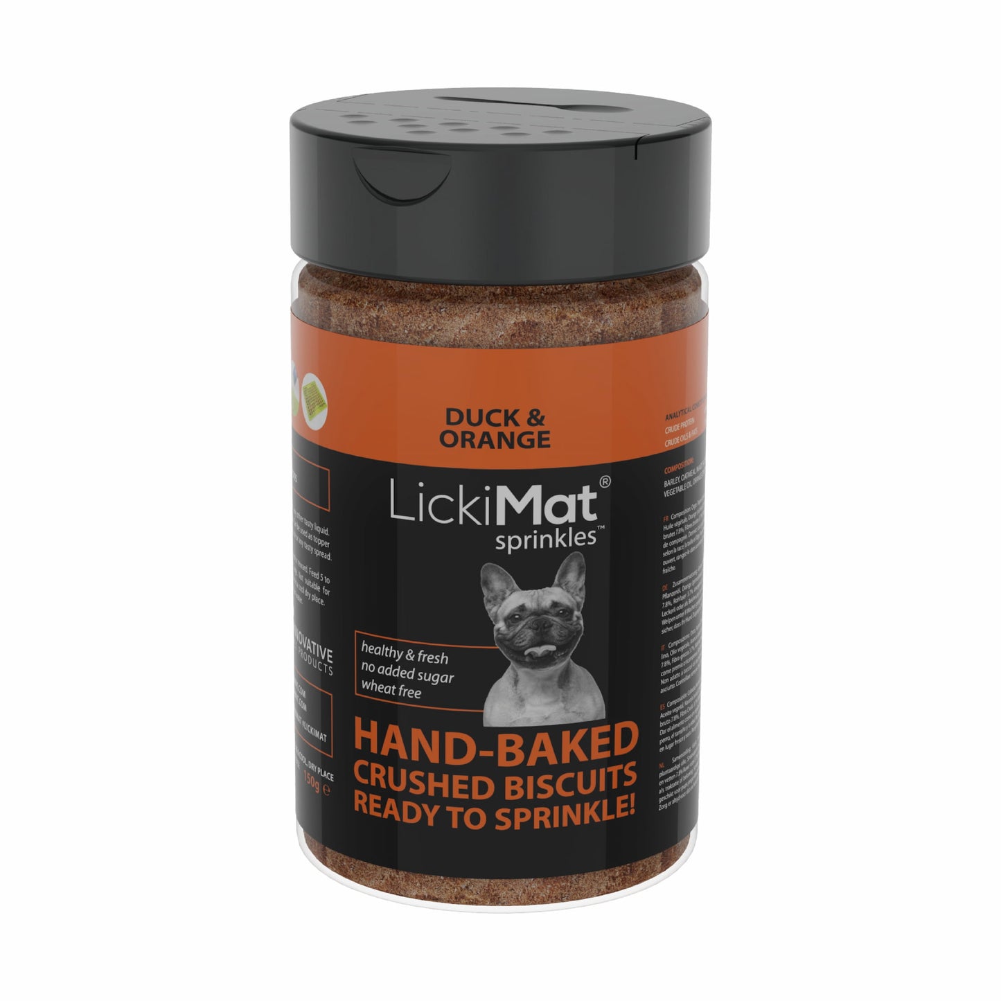 Jar of LickiMat duck and orange flavored hand-baked crushed biscuits on a white background