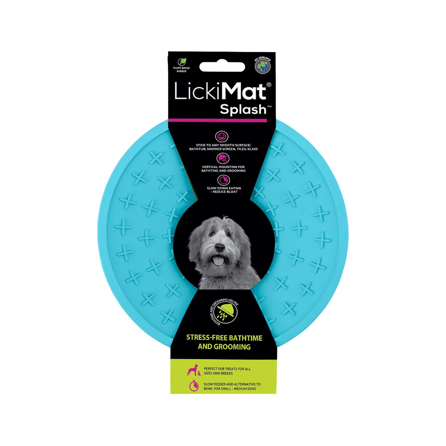 Turquoise LickiMat® Splash™ – Suction Slow Feeder for Dogs, Grooming & Bath Time (label) on a white background