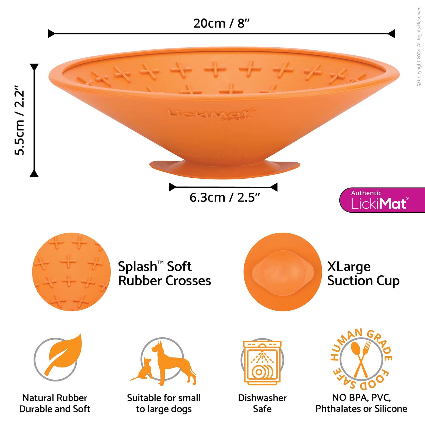 Orange LickiMat® Splash™ – Suction Slow Feeder for Dogs, Grooming & Bath Time (measurements) on a white background