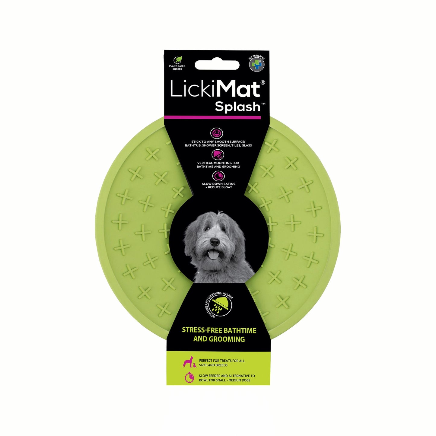 Green LickiMat® Splash™ – Suction Slow Feeder for Dogs, Grooming & Bath Time (label) on a white background