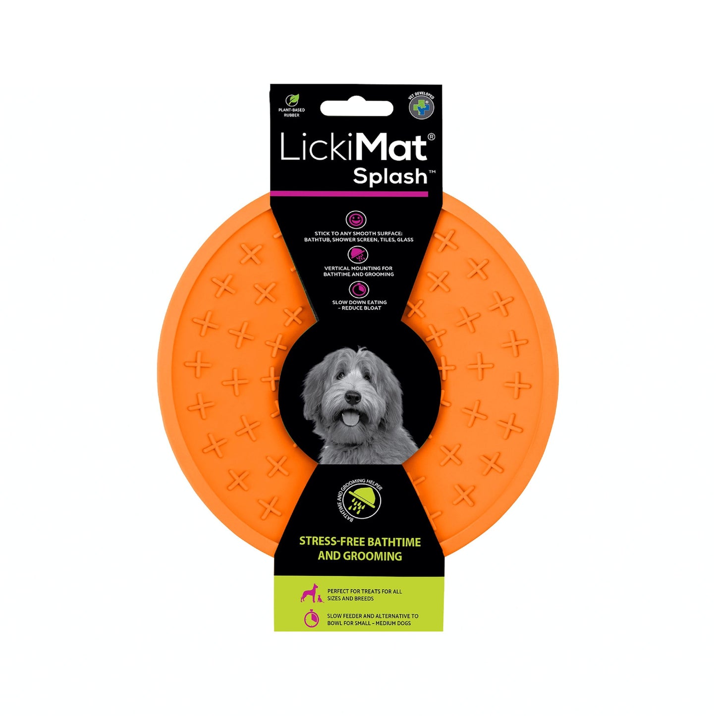 Orange LickiMat® Splash™ – Suction Slow Feeder for Dogs, Grooming & Bath Time (label) on a white background