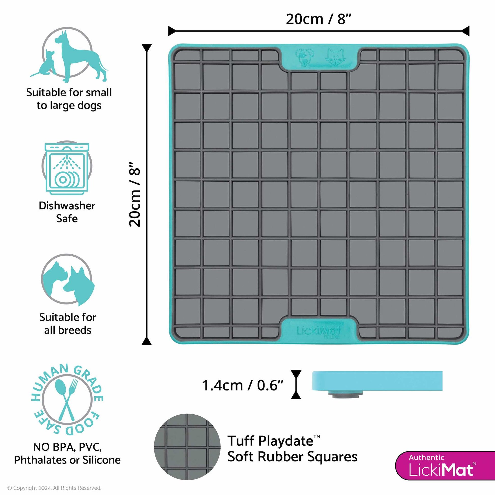 Turquoise LickiMat® Tuff Playdate™ – Durable Slow Feeder Lick Mat for Dogs (measurements) on a white background