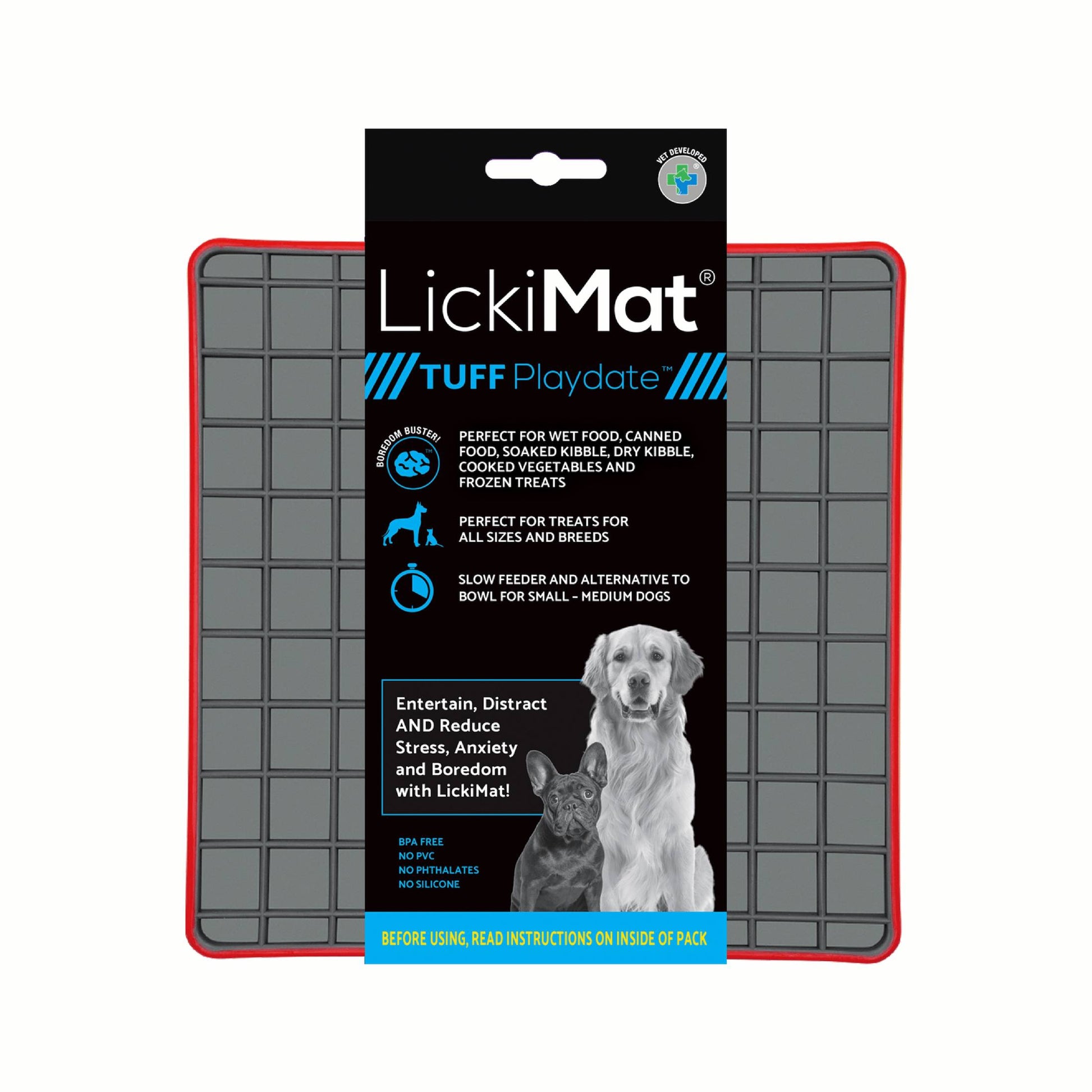 Red LickiMat® Tuff Playdate™ – Durable Slow Feeder Lick Mat for Dogs (label) on a white background