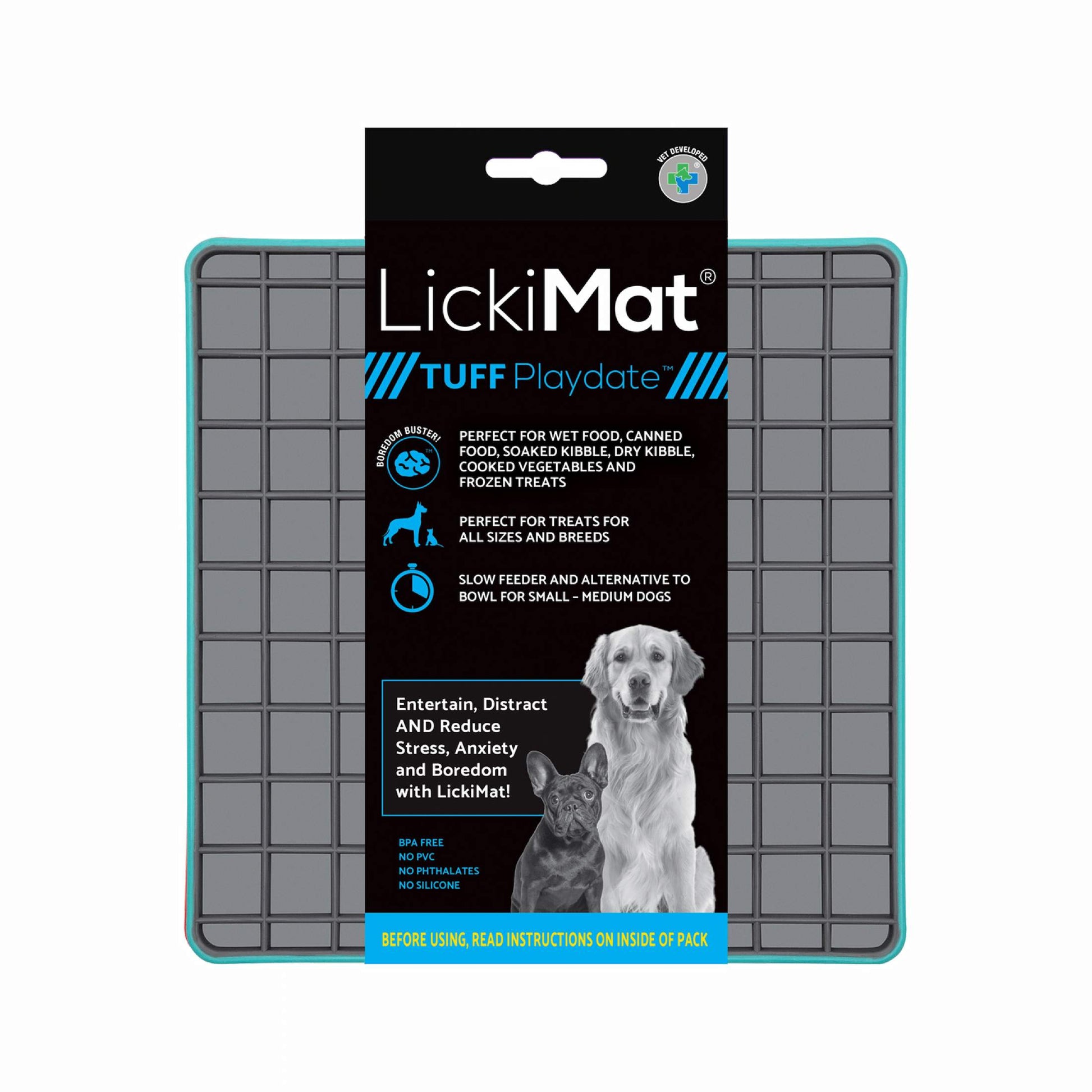 Turquoise LickiMat® Tuff Playdate™ – Durable Slow Feeder Lick Mat for Dogs (label) on a white background