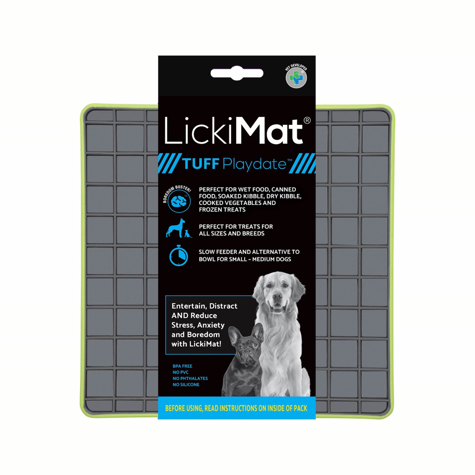 Green LickiMat® Tuff Playdate™ – Durable Slow Feeder Lick Mat for Dogs (label) on a white background