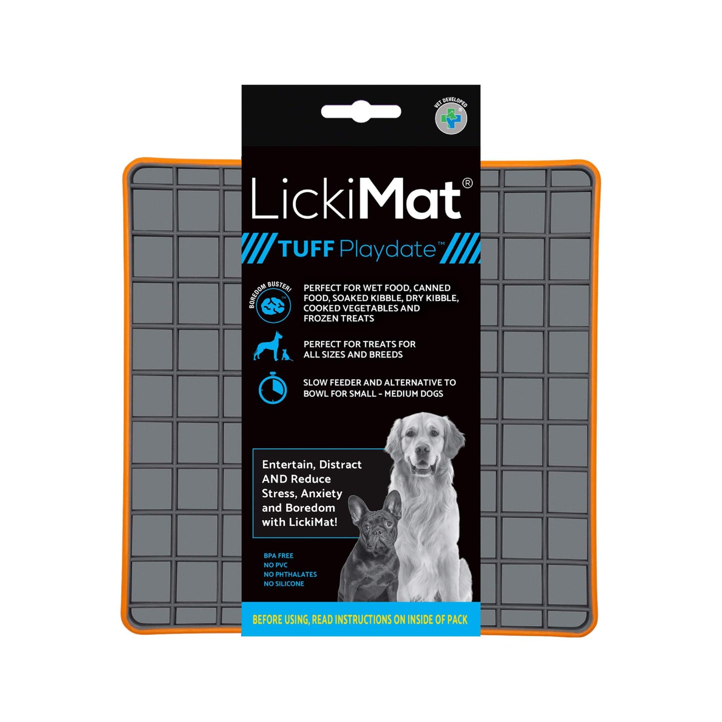 Orange LickiMat® Tuff Playdate™ – Durable Slow Feeder Lick Mat for Dogs (label) on a white background