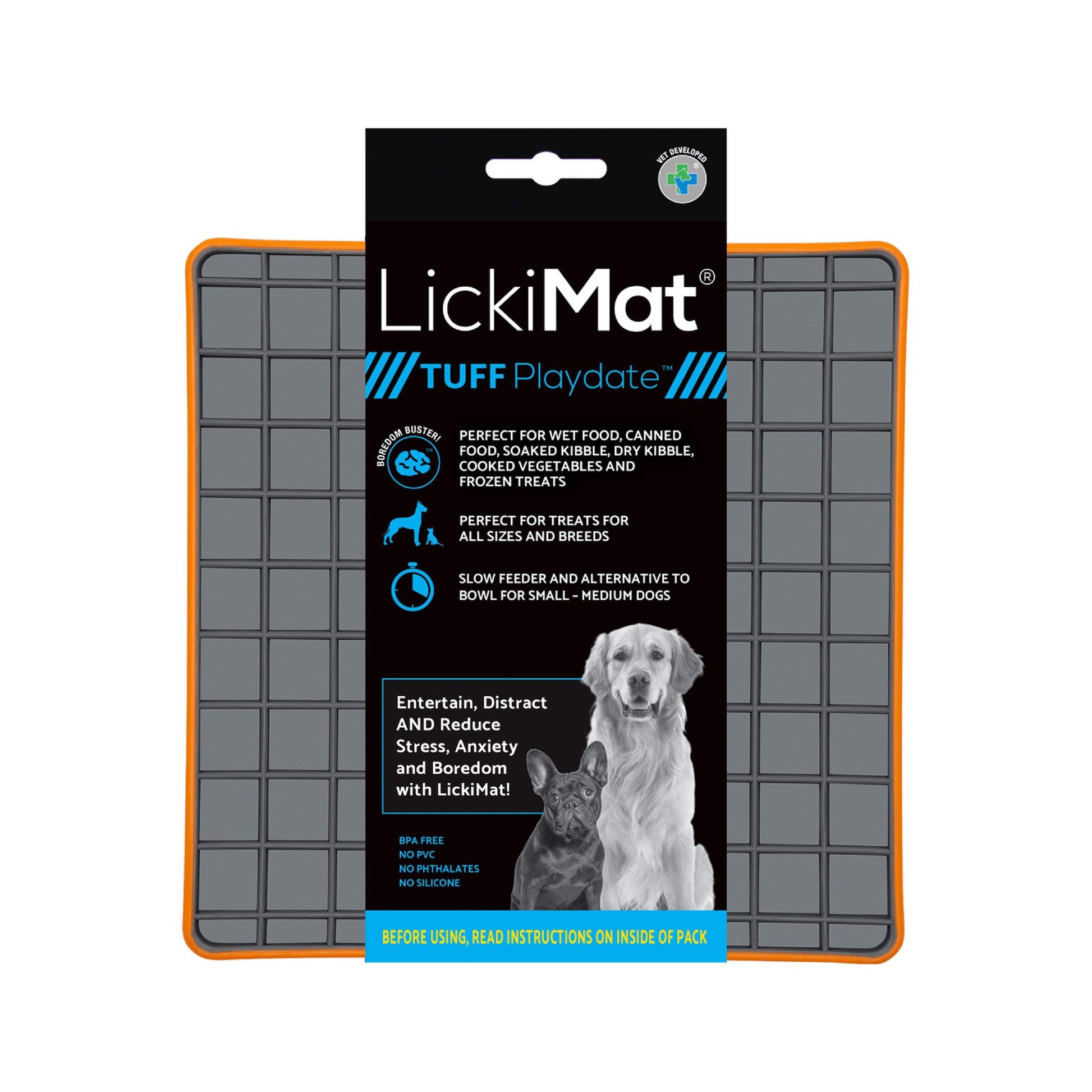 Orange LickiMat® Tuff Playdate™ – Durable Slow Feeder Lick Mat for Dogs (label) on a white background