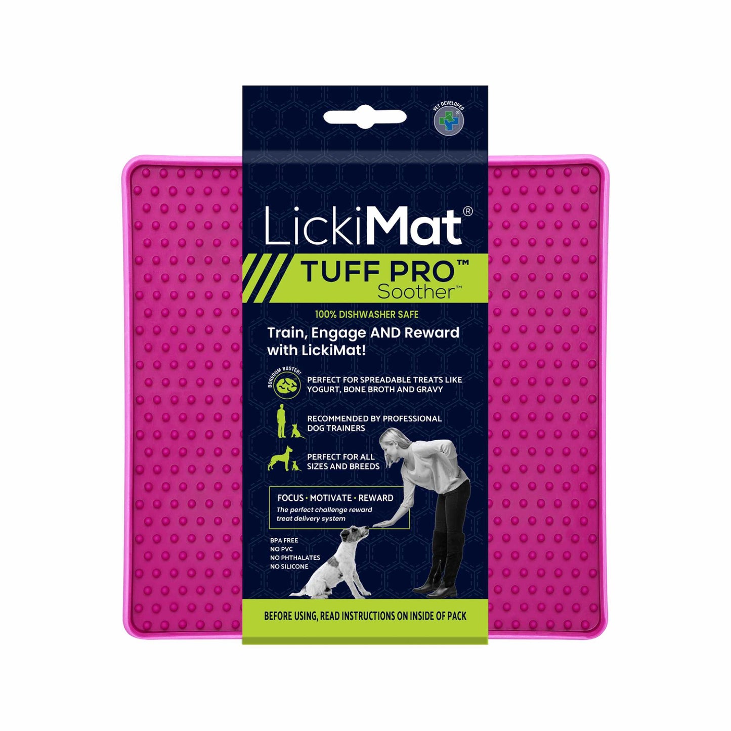 Pink LickiMat® Tuff Pro Soother™ – Slow Feeder Lick Mat for Dogs (label) on a white background