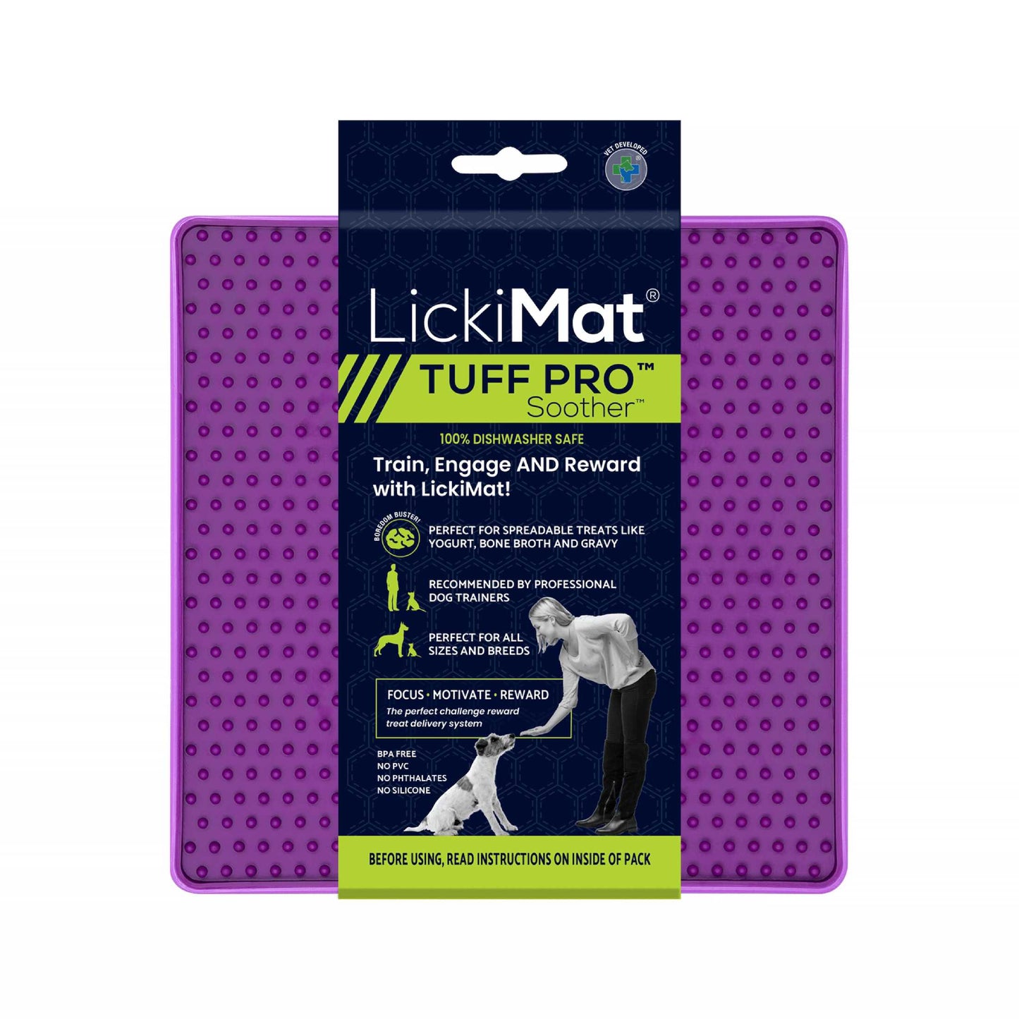 Purple LickiMat® Tuff Pro Soother™ – Slow Feeder Lick Mat for Dogs (label) on a white background