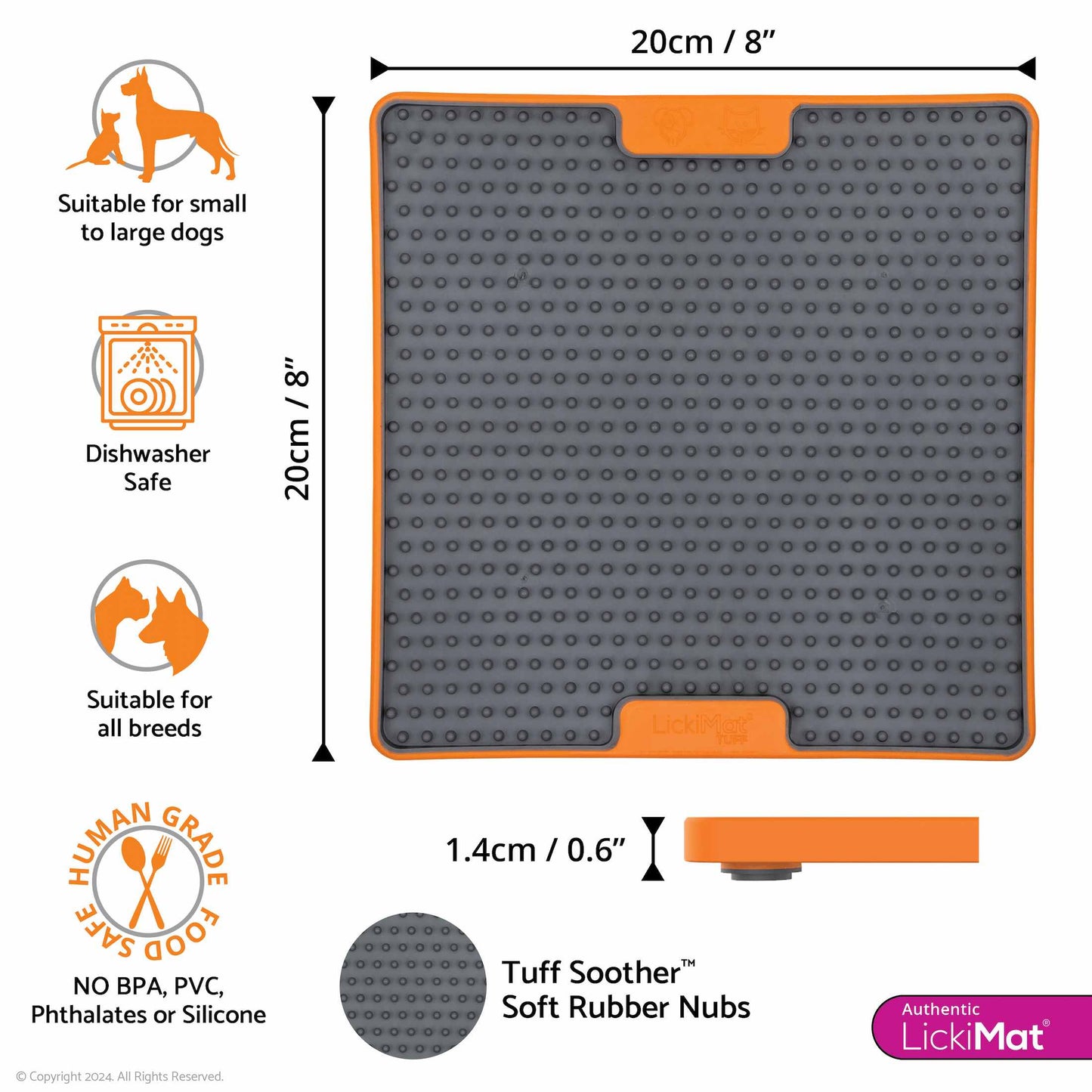 Orange LickiMat® Tuff Soother™ – Durable Slow Feeder Lick Mat for Dogs (measurements) on a white background