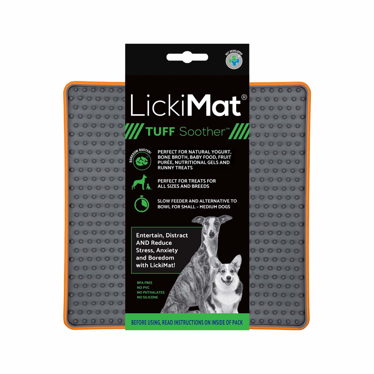 Orange LickiMat® Tuff Soother™ – Durable Slow Feeder Lick Mat for Dogs (label) on a white background