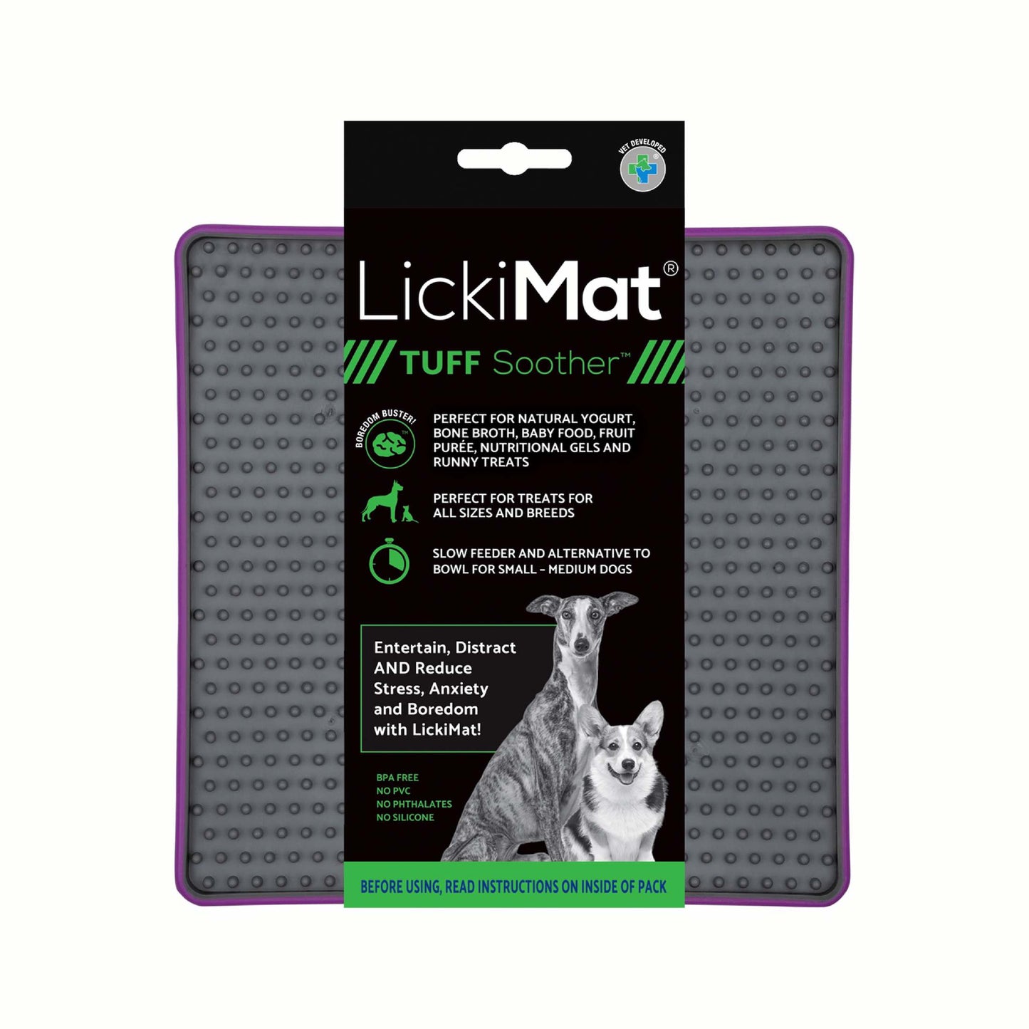 Purple LickiMat® Tuff Soother™ – Durable Slow Feeder Lick Mat for Dogs (label) on a white background