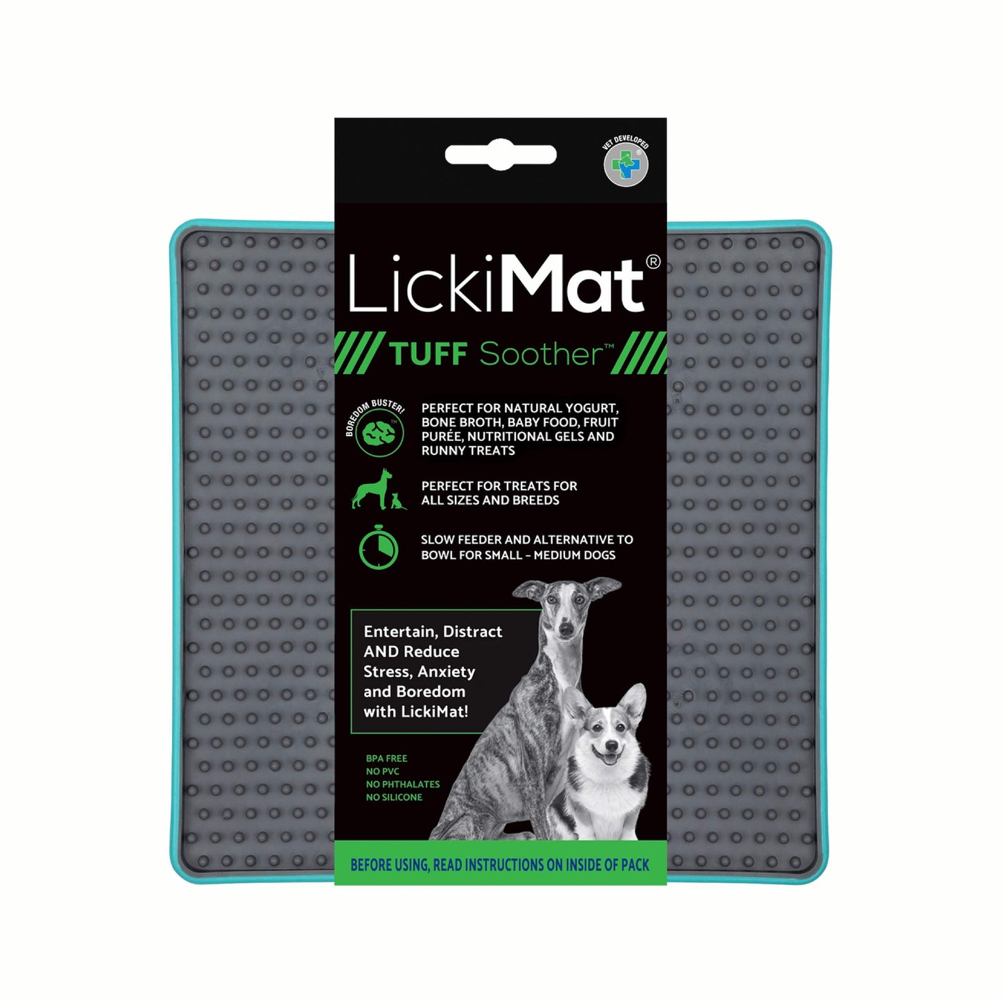 Turquoise LickiMat® Tuff Soother™ – Durable Slow Feeder Lick Mat for Dogs (label) on a white background
