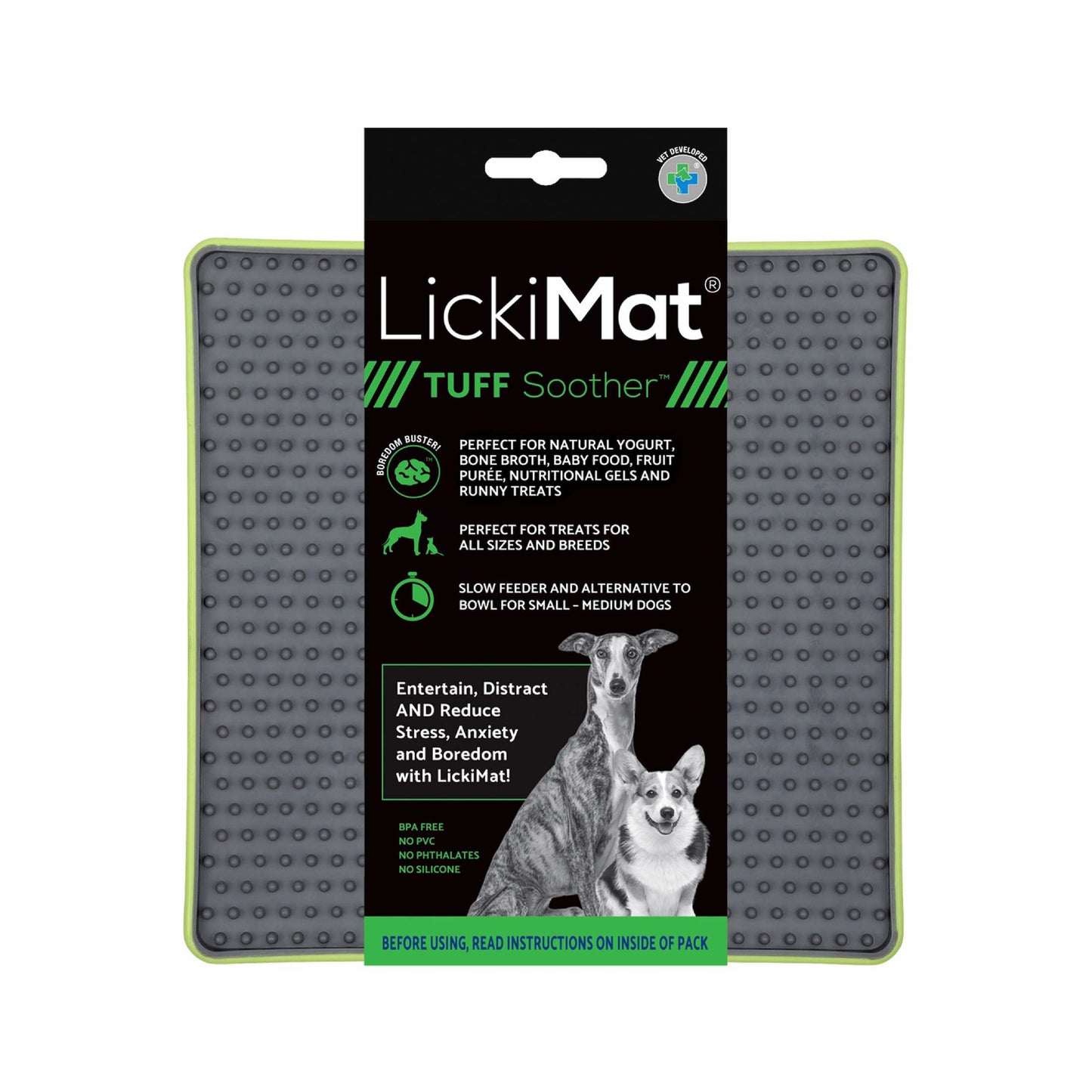 Green LickiMat® Tuff Soother™ – Durable Slow Feeder Lick Mat for Dogs (label) on a white background