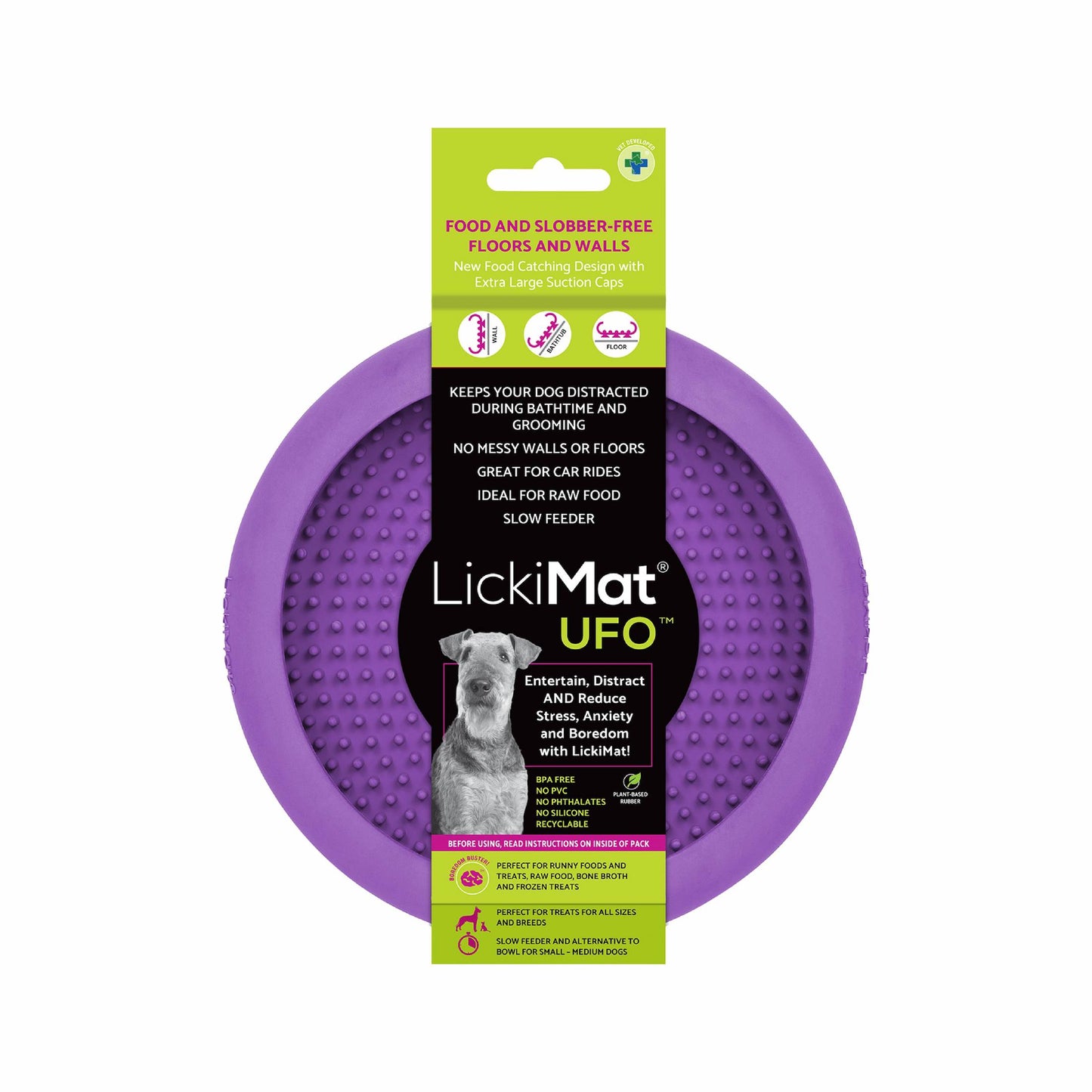 Purple LickiMat® UFO™ – Suction Slow Feeder Dog Bowl (label) on a white background