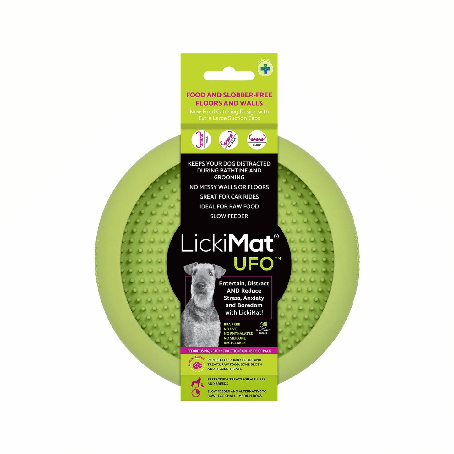 Green LickiMat® UFO™ – Suction Slow Feeder Dog Bowl (label) on a white background