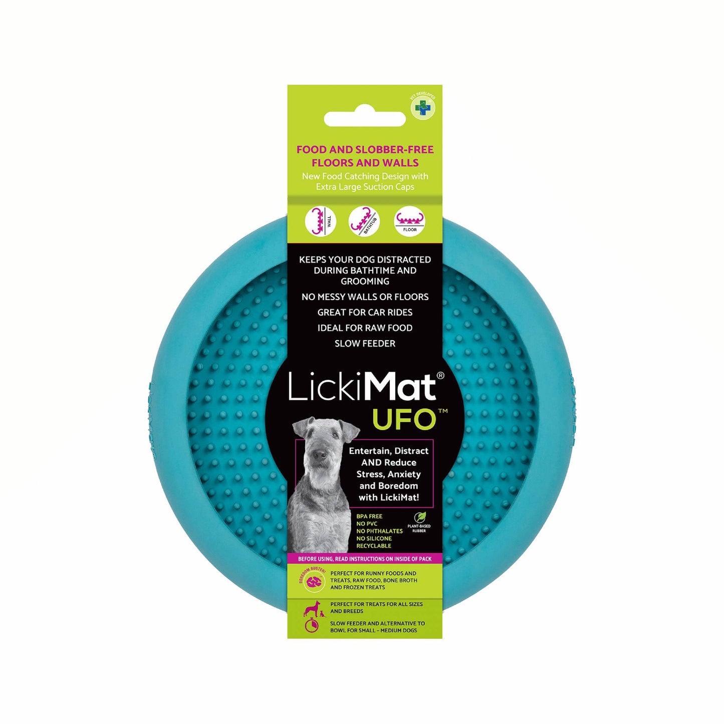 Turquoise LickiMat® UFO™ – Suction Slow Feeder Dog Bowl (label) on a white background
