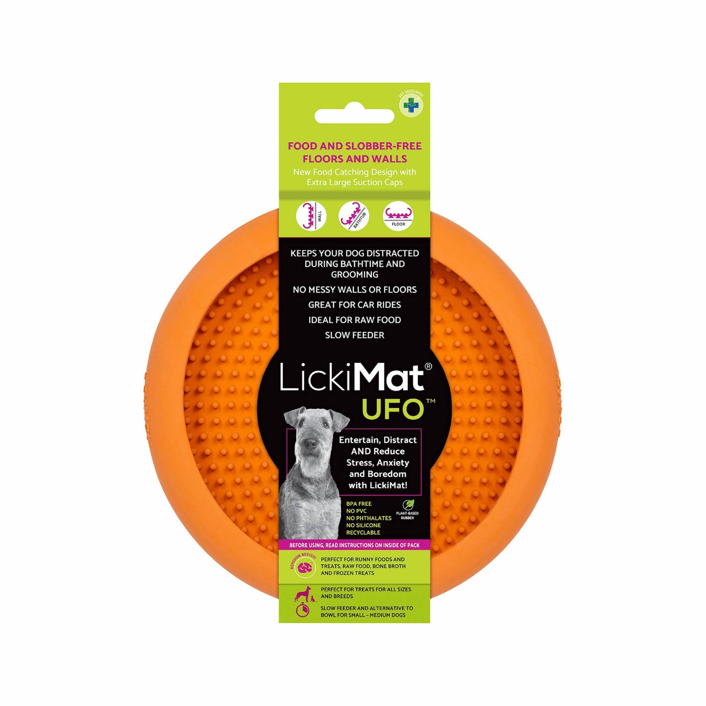 Orange LickiMat® UFO™ – Suction Slow Feeder Dog Bowl (label) on a white background