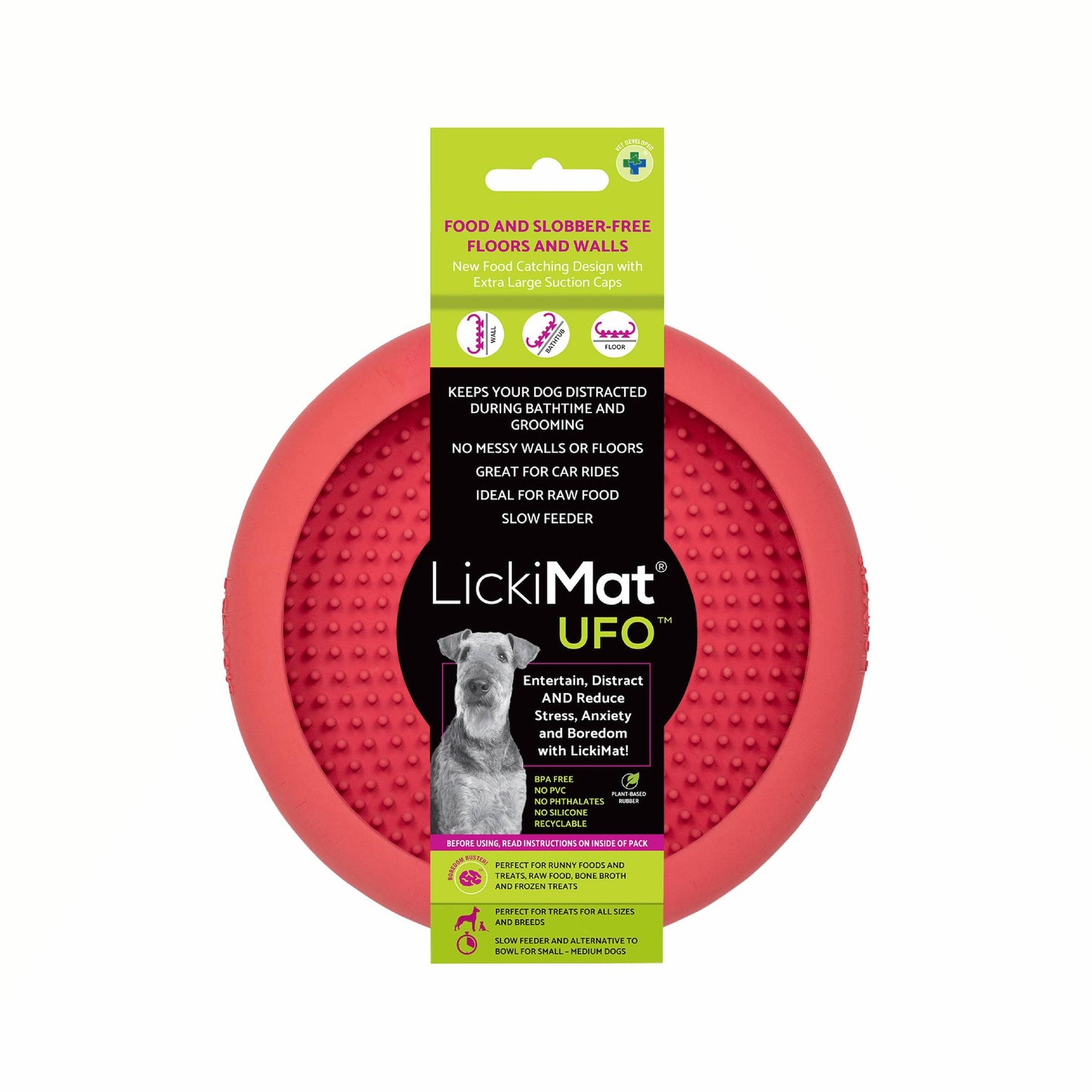 Pink LickiMat® UFO™ – Suction Slow Feeder Dog Bowl (label) on a white background