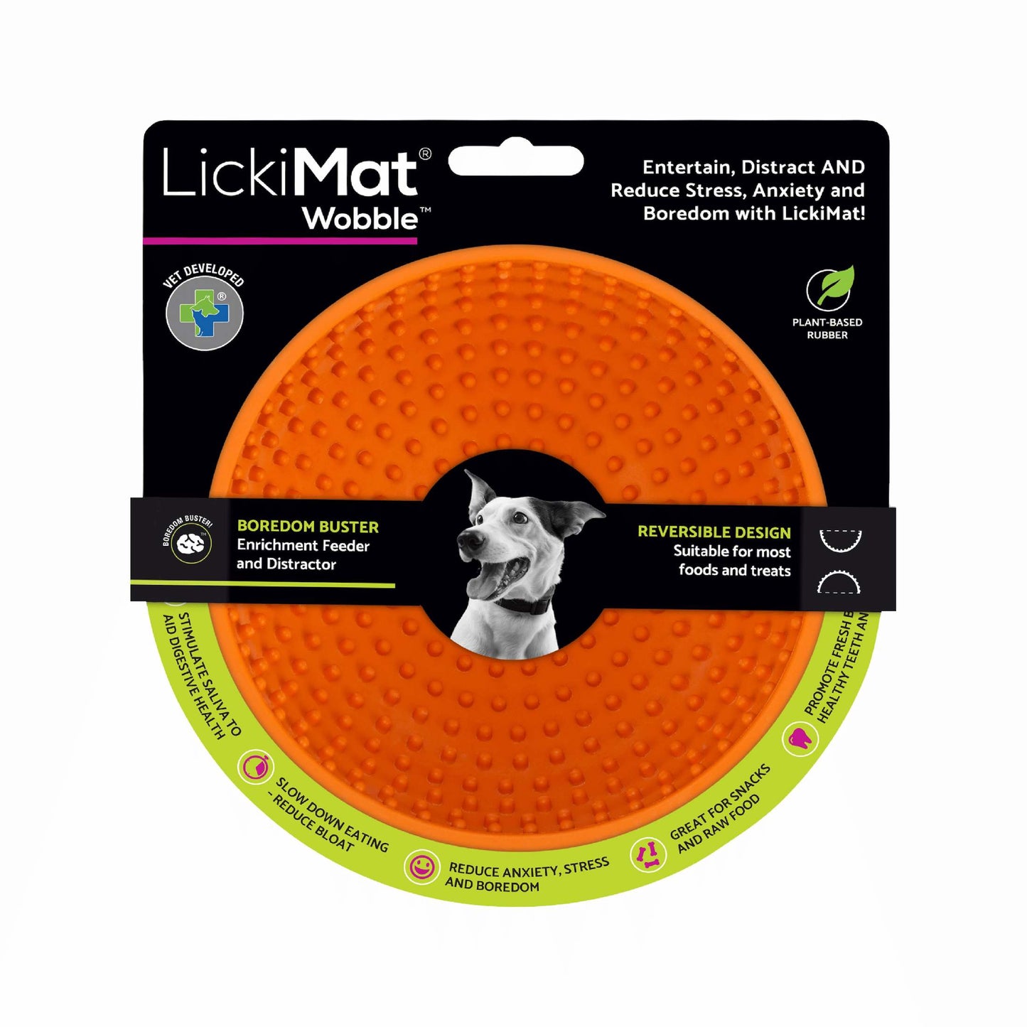Orange LickiMat® Wobble™ – Fun, Reversible Slow Feeder Bowl for Dogs (label) on a white background