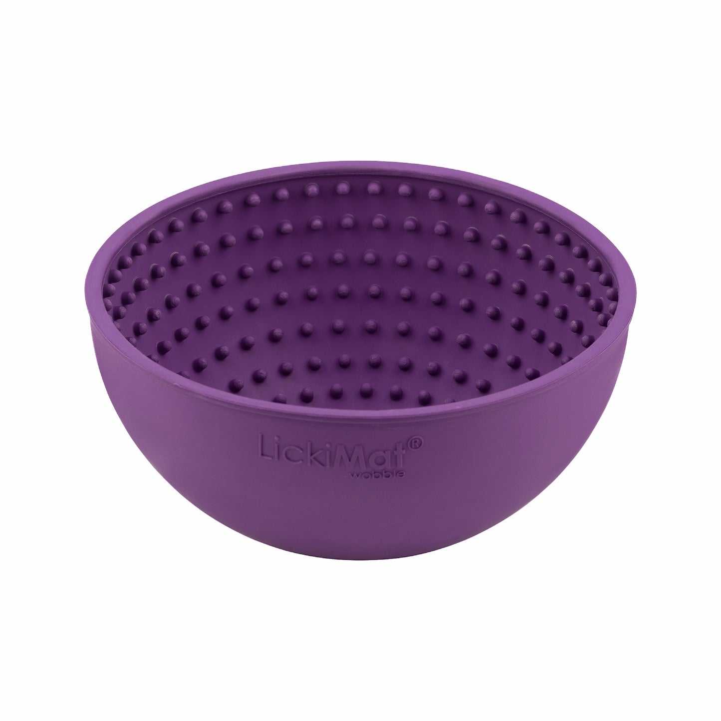 Purple LickiMat® Wobble™ – Fun, Reversible Slow Feeder Bowl for Dogs (front) on a white background