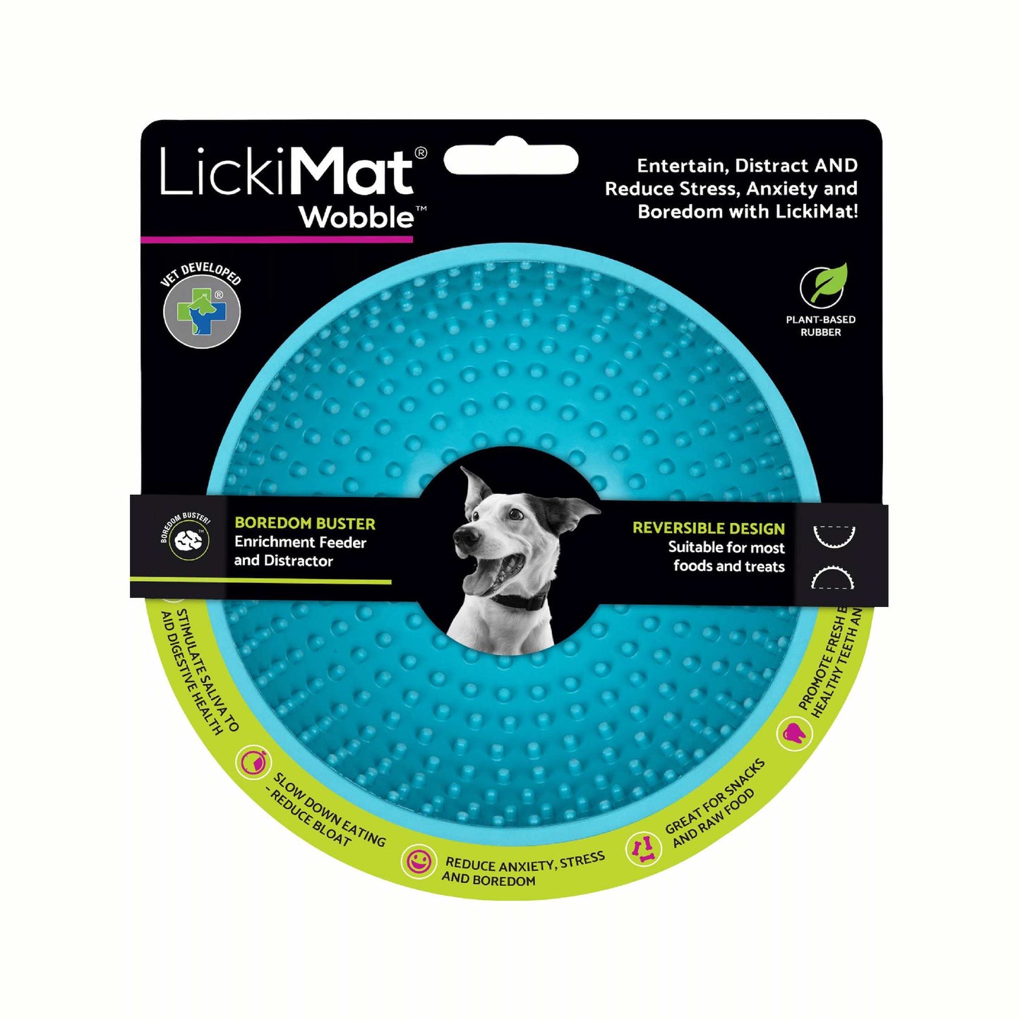 Turquoise LickiMat® Wobble™ – Fun, Reversible Slow Feeder Bowl for Dogs (label) on a white background
