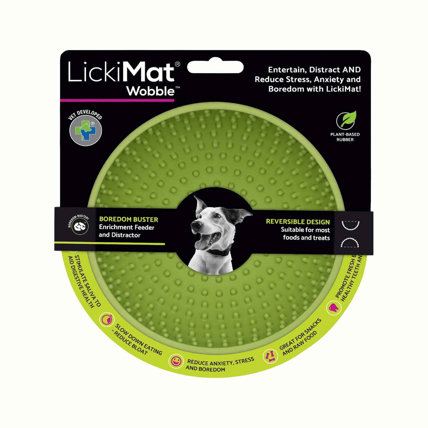 Green LickiMat® Wobble™ – Fun, Reversible Slow Feeder Bowl for Dogs (label) on a white background