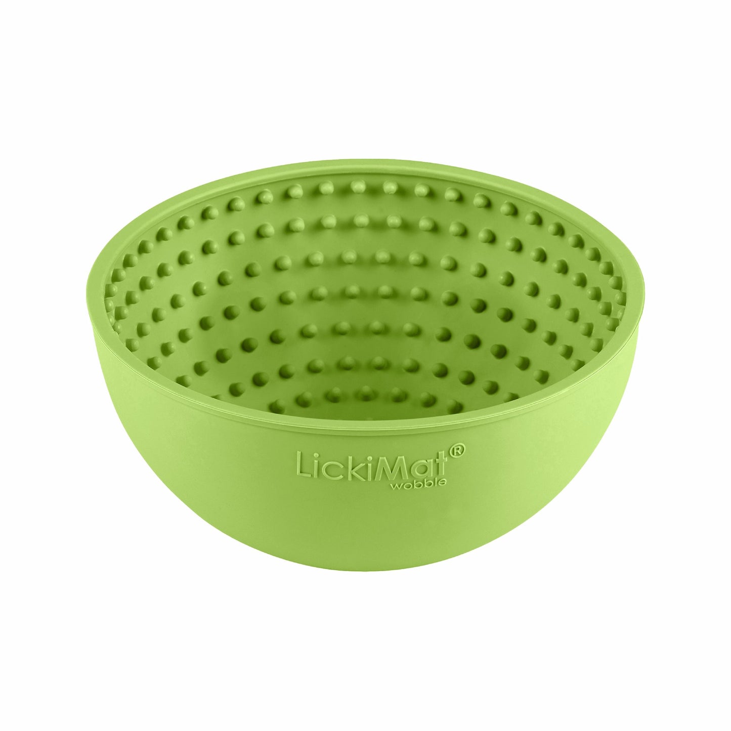Green LickiMat® Wobble™ – Fun, Reversible Slow Feeder Bowl for Dogs (front) on a white background
