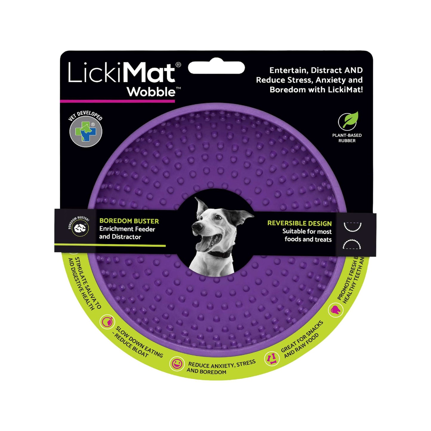 Purple LickiMat® Wobble™ – Fun, Reversible Slow Feeder Bowl for Dogs (label) on a white background