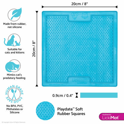 Turquoise LickiMat® Cat Soother™ for Cats – The Original Slow Feeder Lick Mat (measurements) on white background