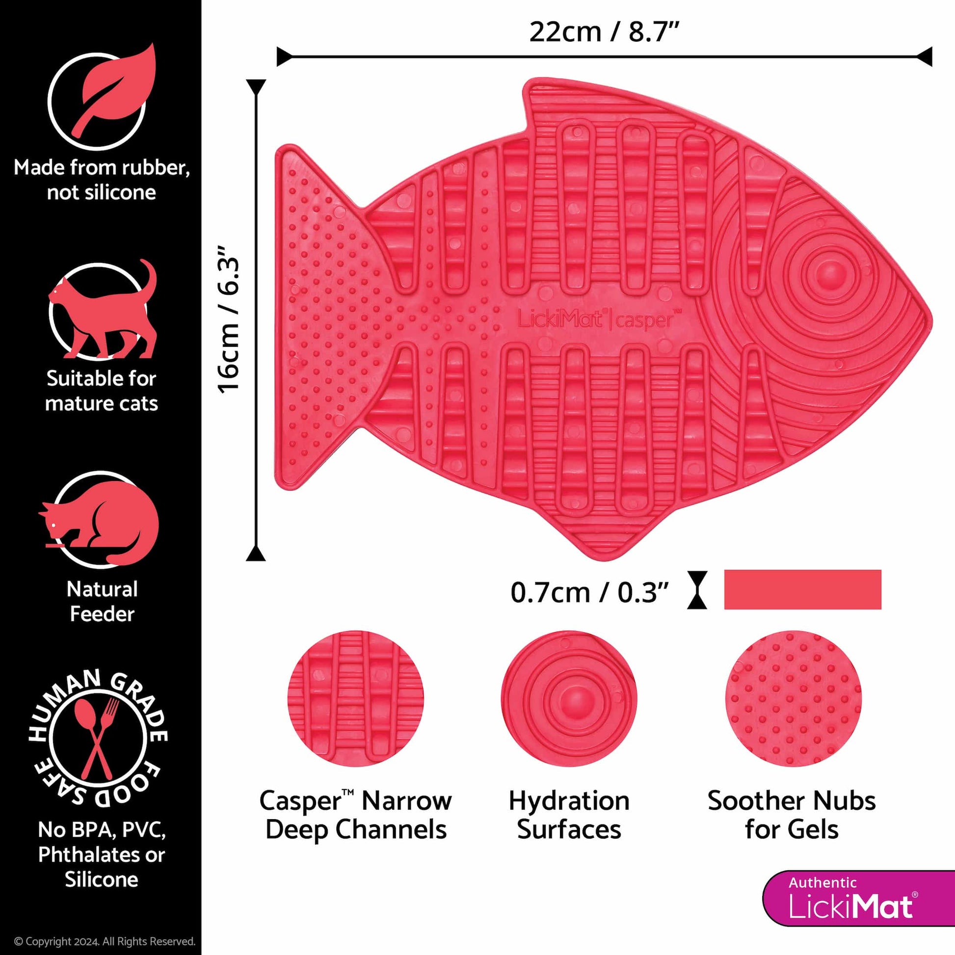 Pink LickiMat® Casper™ – Slow Feeder Lick Mat for Cats (measuements) on white background 