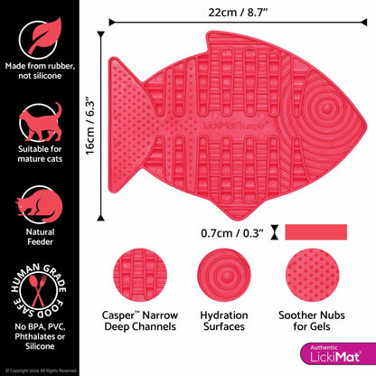 Pink LickiMat® Casper™ – Slow Feeder Lick Mat for Cats (measuements) on white background 