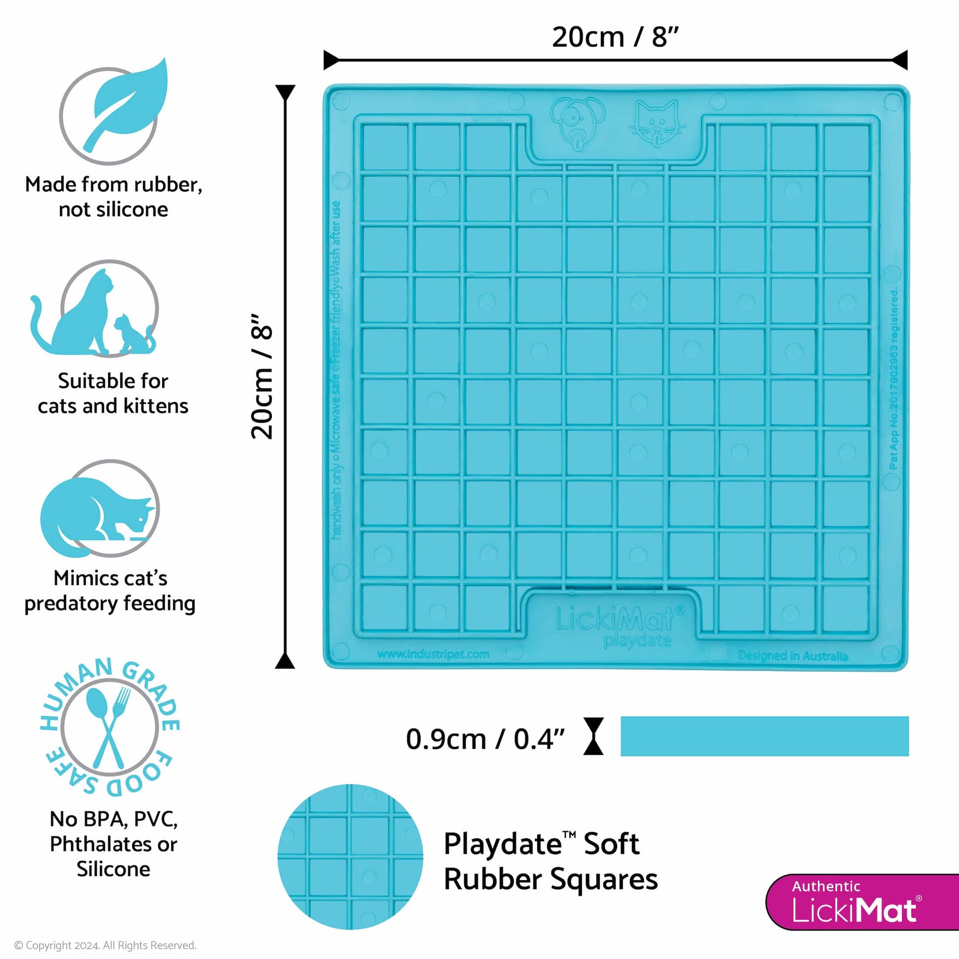 Turquoise LickiMat® Classic Playdate™ for Cats – The Original Slow Feeder Lick Mat (measurements) on white background