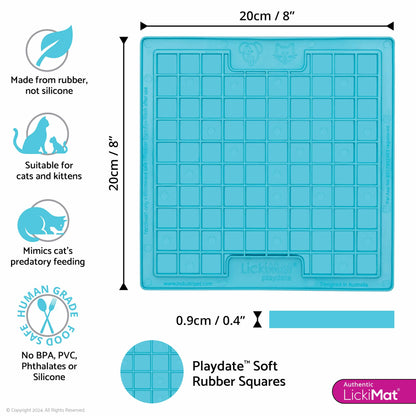 Turquoise LickiMat® Classic Playdate™ for Cats – The Original Slow Feeder Lick Mat (measurements) on white background