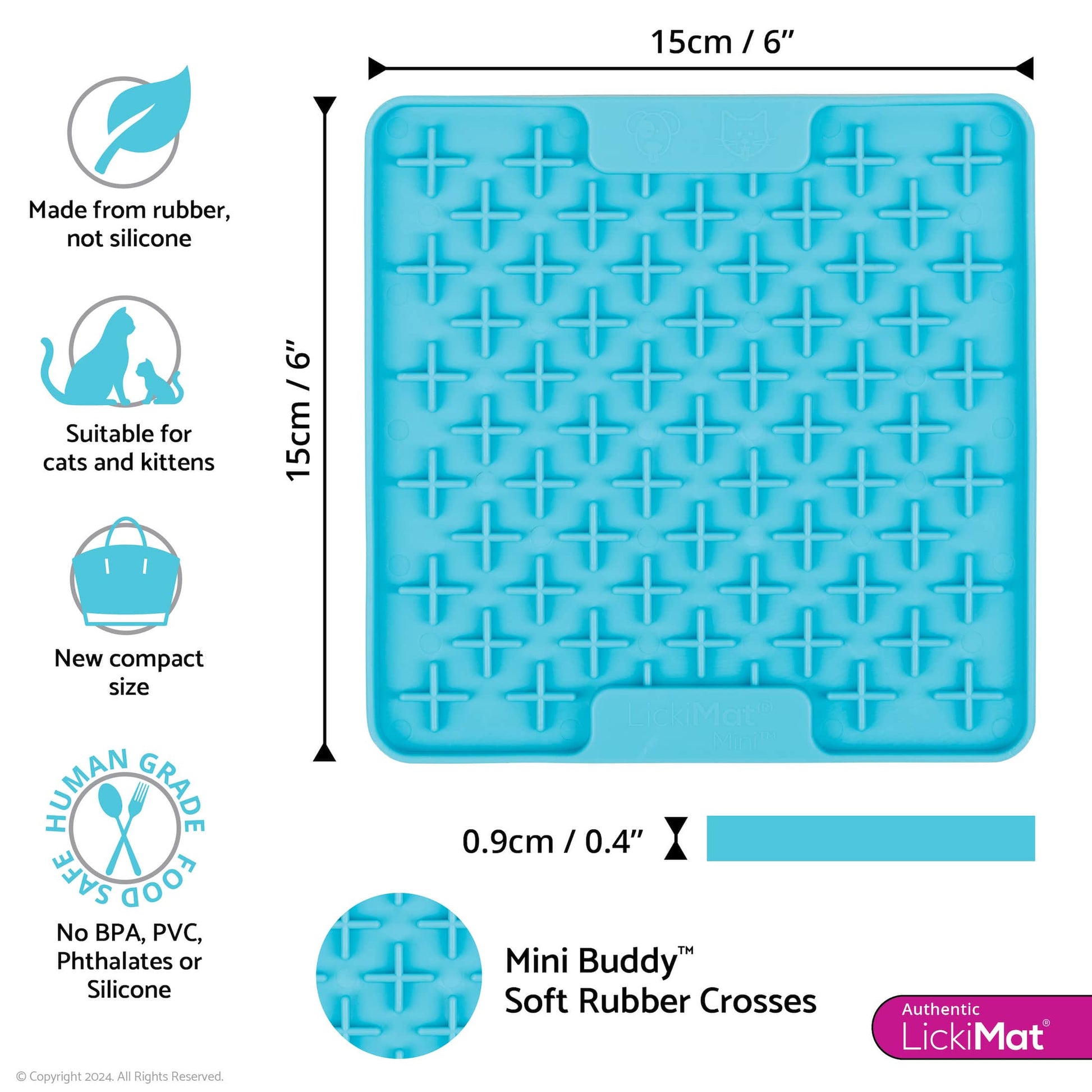 Turquoise LickiMat® Mini Buddy™ – Slow Feeder Lick Mat for Cats (measurements) on White background