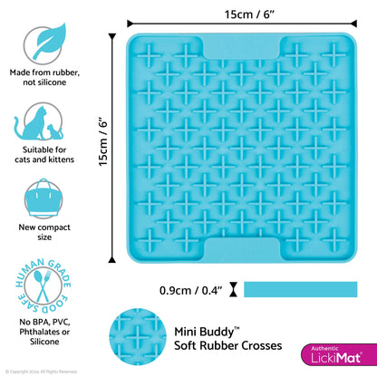 Turquoise LickiMat® Mini Buddy™ – Slow Feeder Lick Mat for Cats (measurements) on White background
