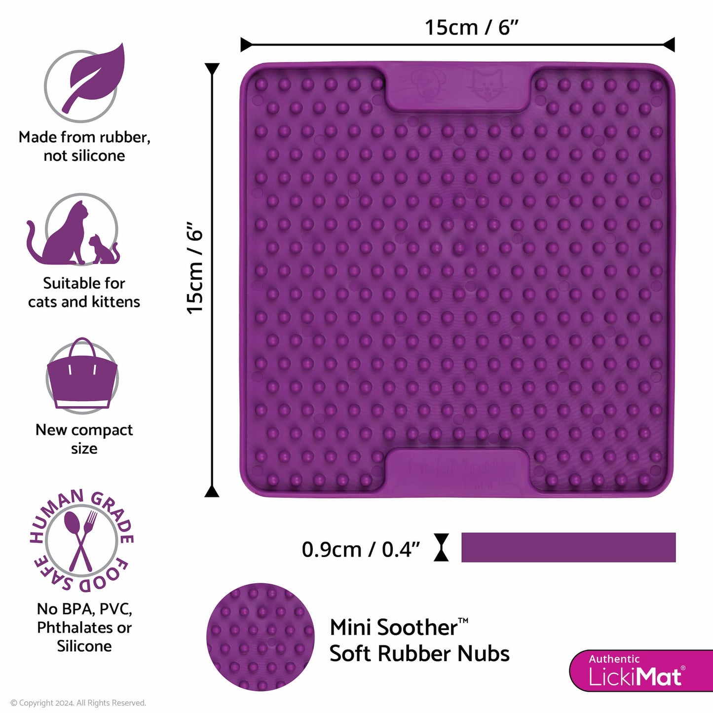 Purple LickiMat® Mini Soother™ – Calming Slow Feeder Lick Mat for Cats (measurements) on white background