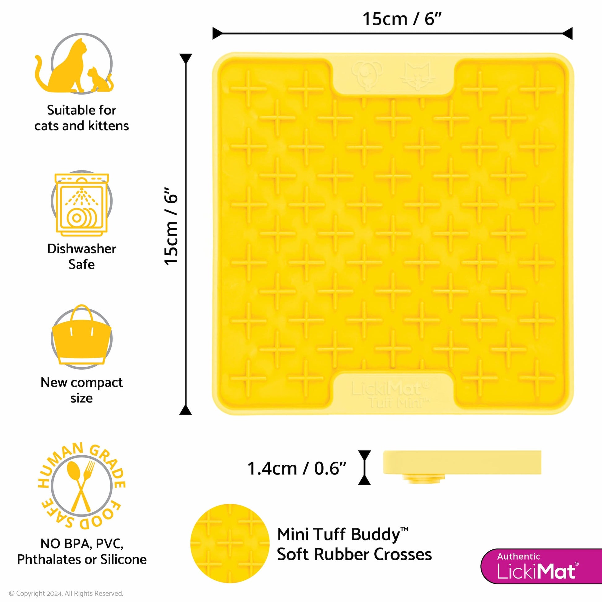 Yellow LickiMat® Mini Tuff Buddy™ – Durable Slow Feeder Lick Mat for Cats (measurements) on white background