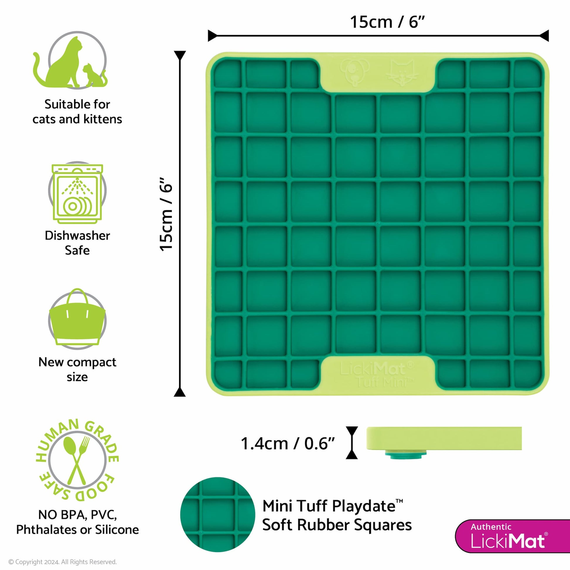 Green LickiMat® Mini Tuff Playdate™ – Durable Slow Feeder Lick Mat for Cats (measurements) on white background
