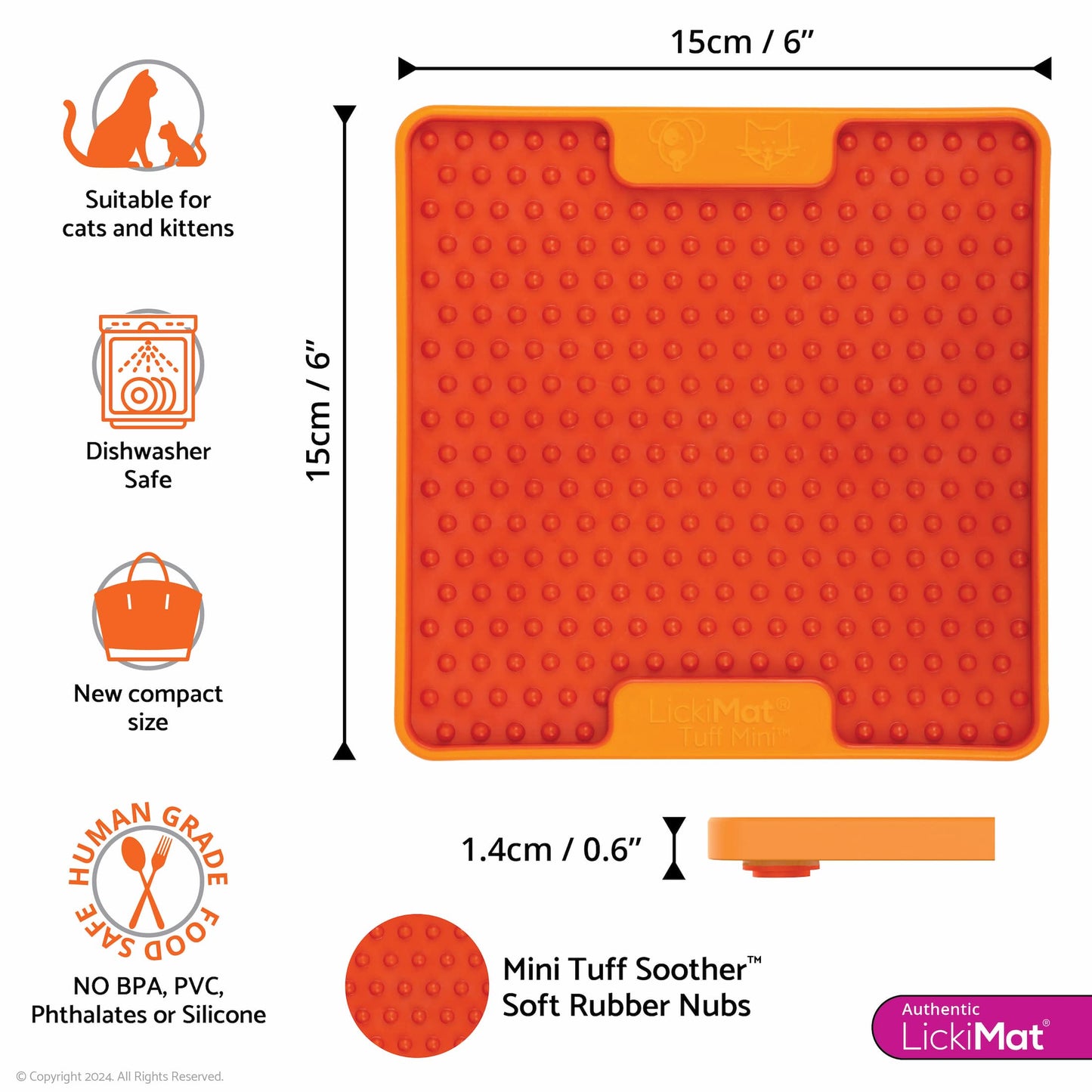 Orange LickiMat Mini Tuff Soother™ – Durable Slow Feeder Lick Mat for Cats (measurements) on white background