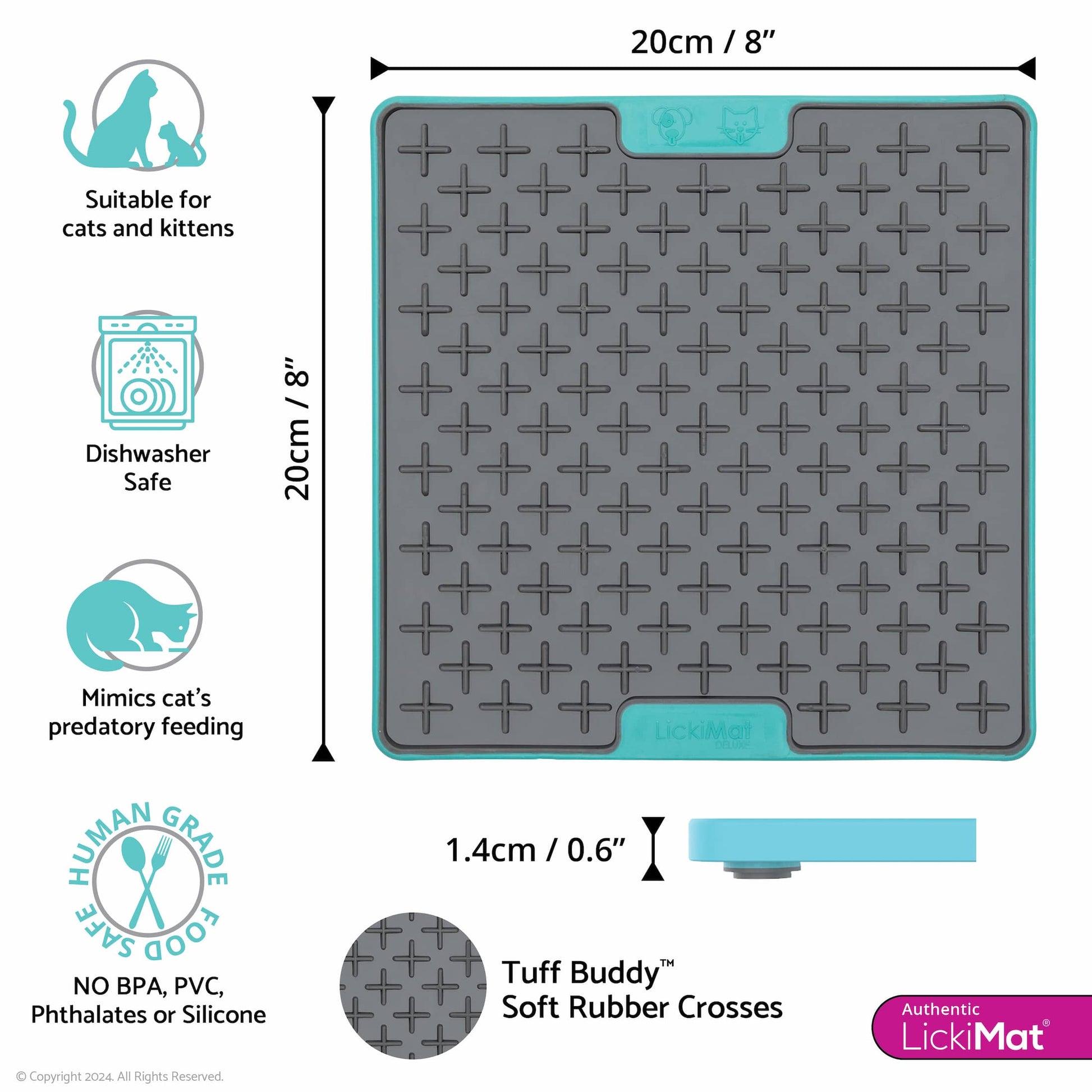 Turquoise LickiMat® Tuff Playdate™ for Cats – Durable Slow Feeder Lick Mat on white background (measurements)