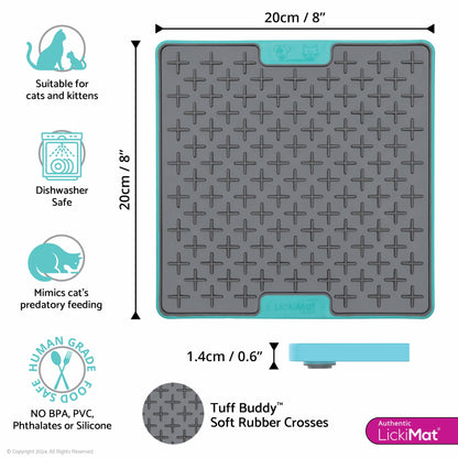 Turquoise LickiMat® Tuff Playdate™ for Cats – Durable Slow Feeder Lick Mat on white background (measurements)