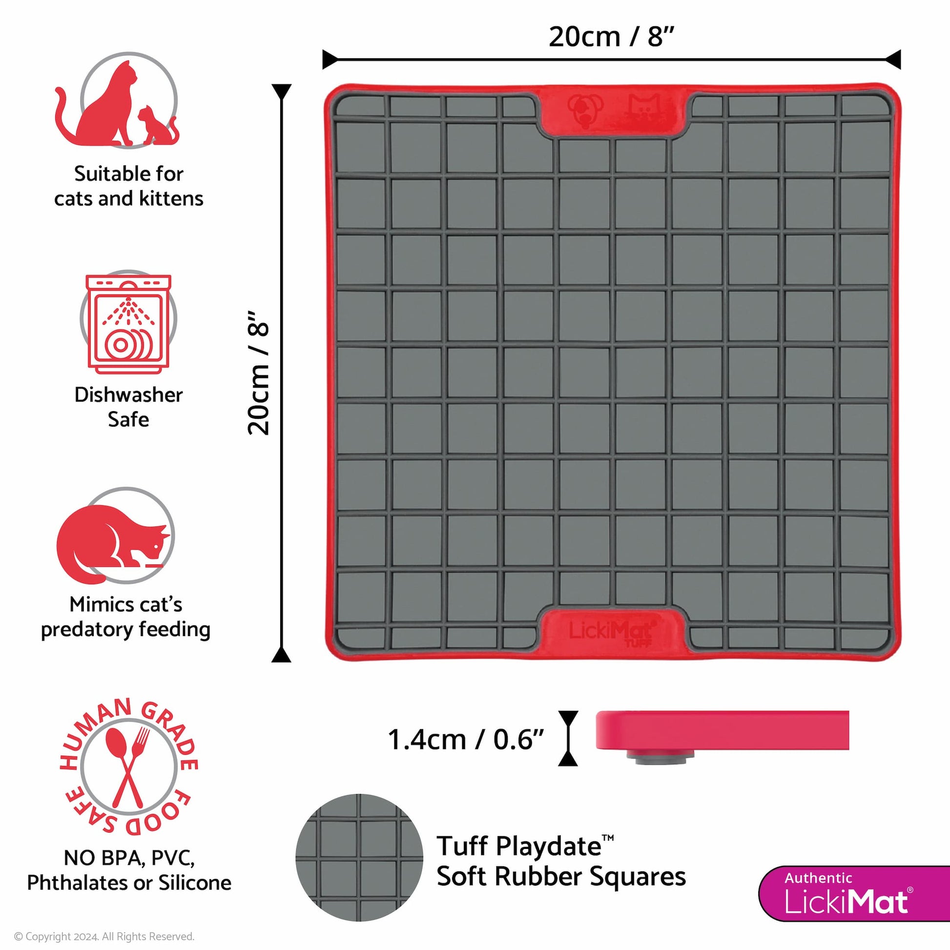 Red LickiMat® Tuff Playdate™ for Cats Measurements – Durable Slow Feeder Lick Mat on white background