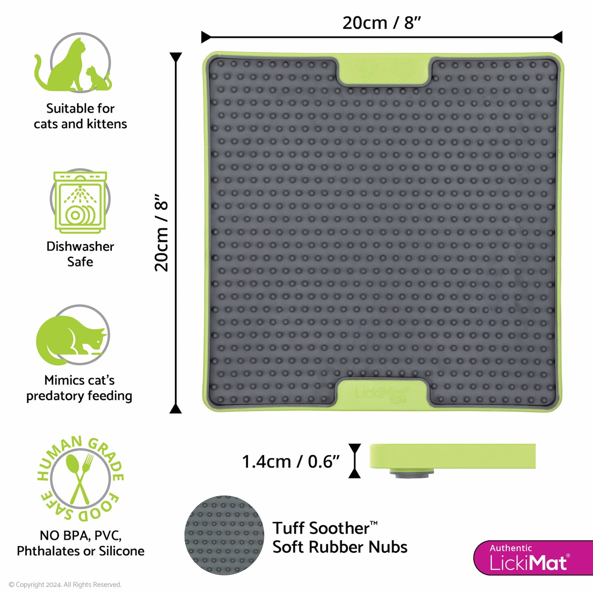 Green LickiMat® Tuff Soother™ for Cats – Durable Slow Feeder Lick Mat on white background (measurements)